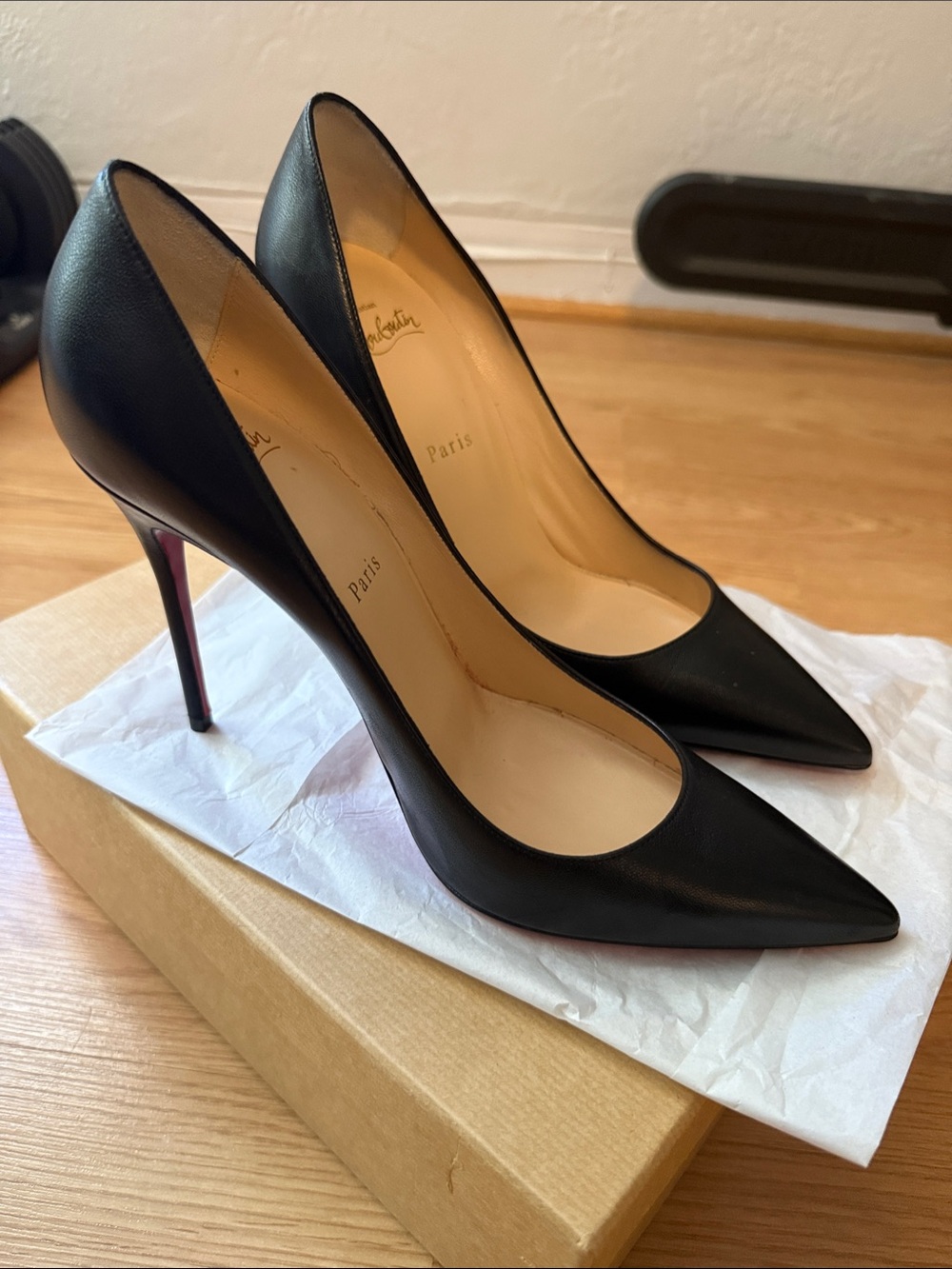 Christian Louboutin Black Leather Pointed Toe Stilettos with Red Soles
